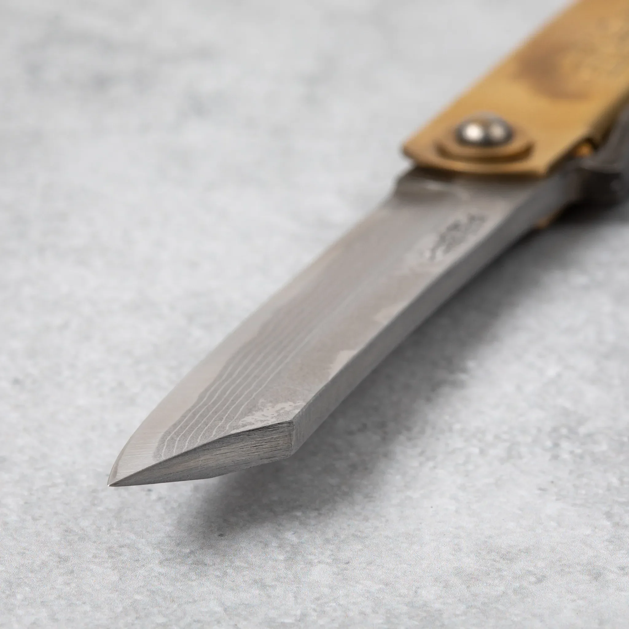Higonokami Blue Steel Damascus Clad Large Brass Folding Knife and Paulownia Gift Box - Image 5