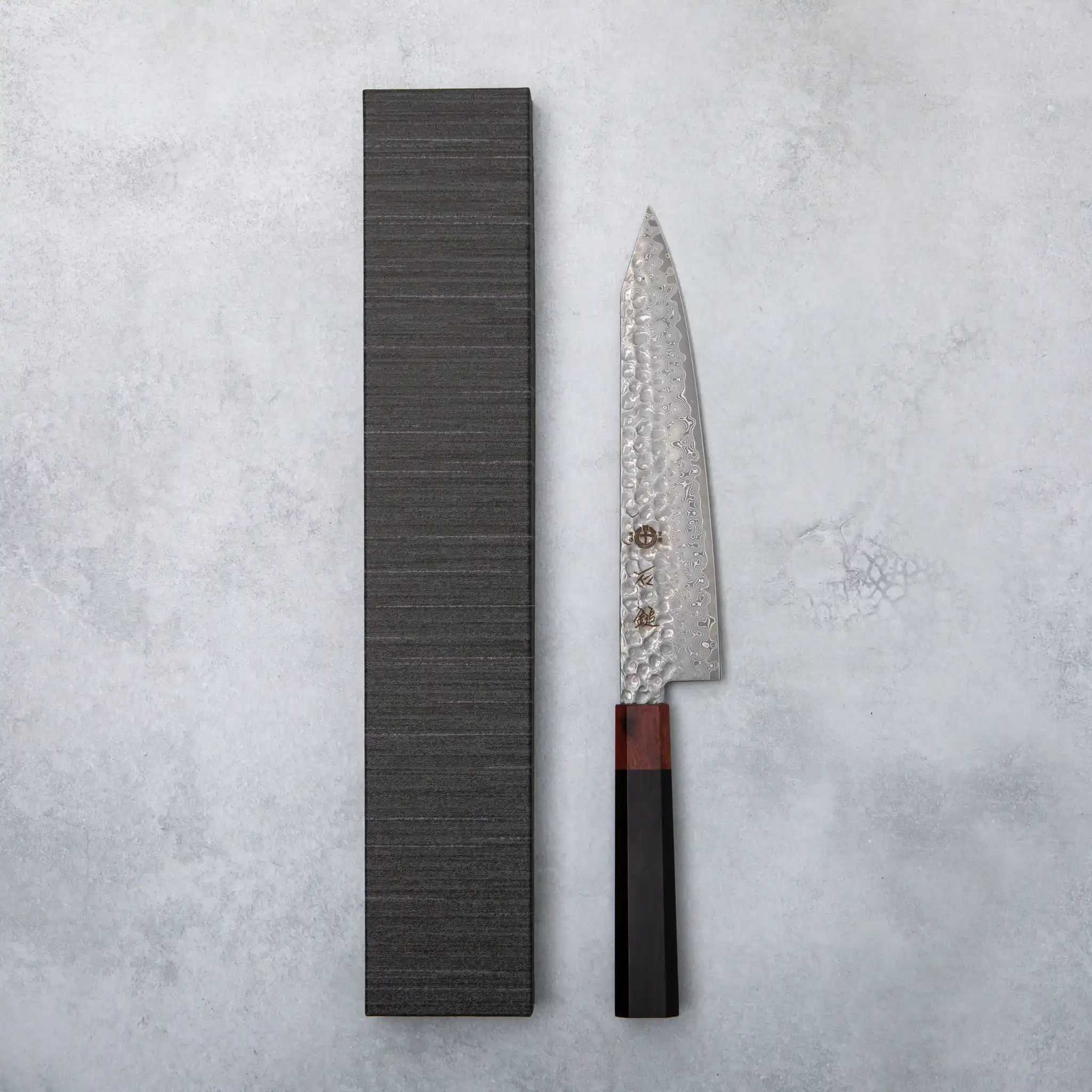 Ishizuchi VG10 Damascus Tsuchime Kiritsuke Chef Knife Ebony Wood Handle - Image 6
