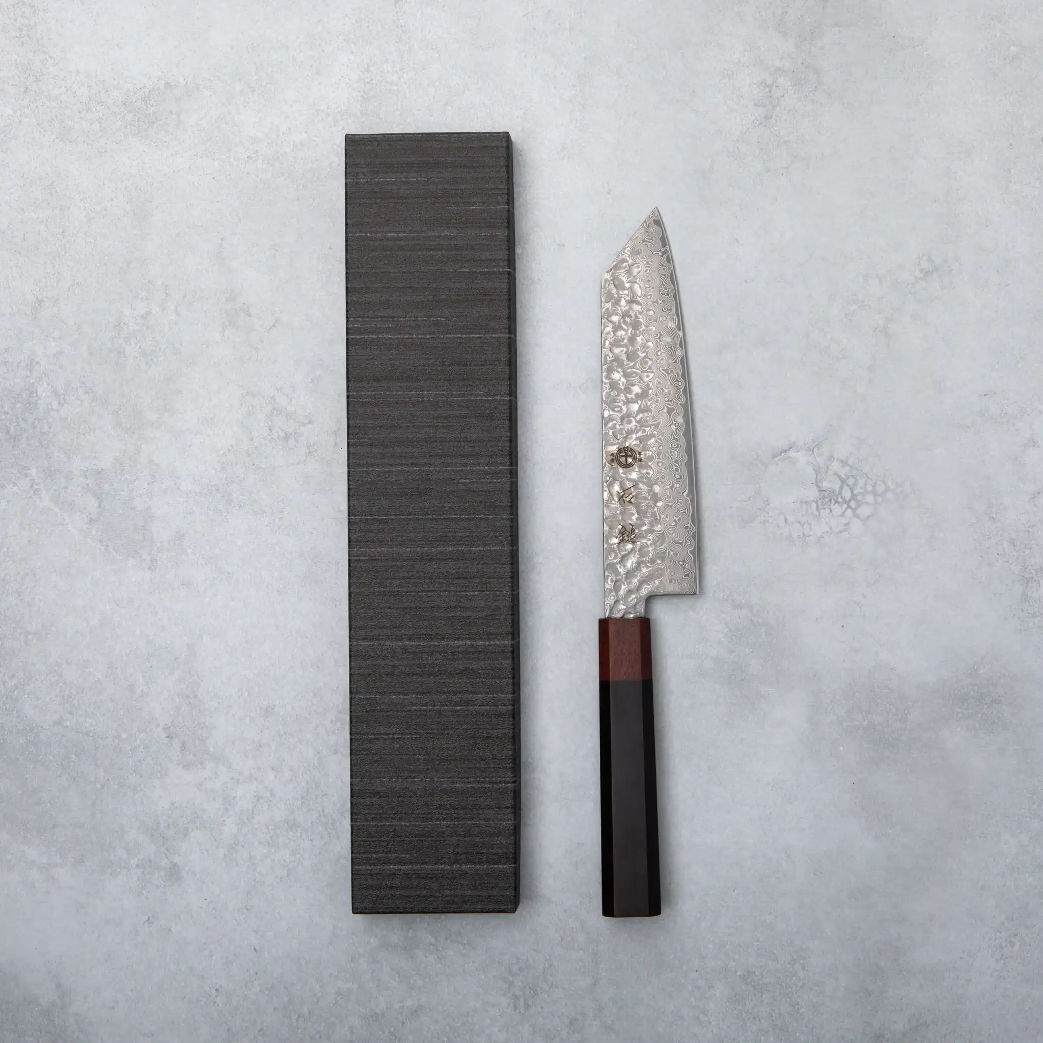 Ishizuchi VG10 Damascus Tsuchime Kiritsuke Knife Ebony Wood Handle - Image 6