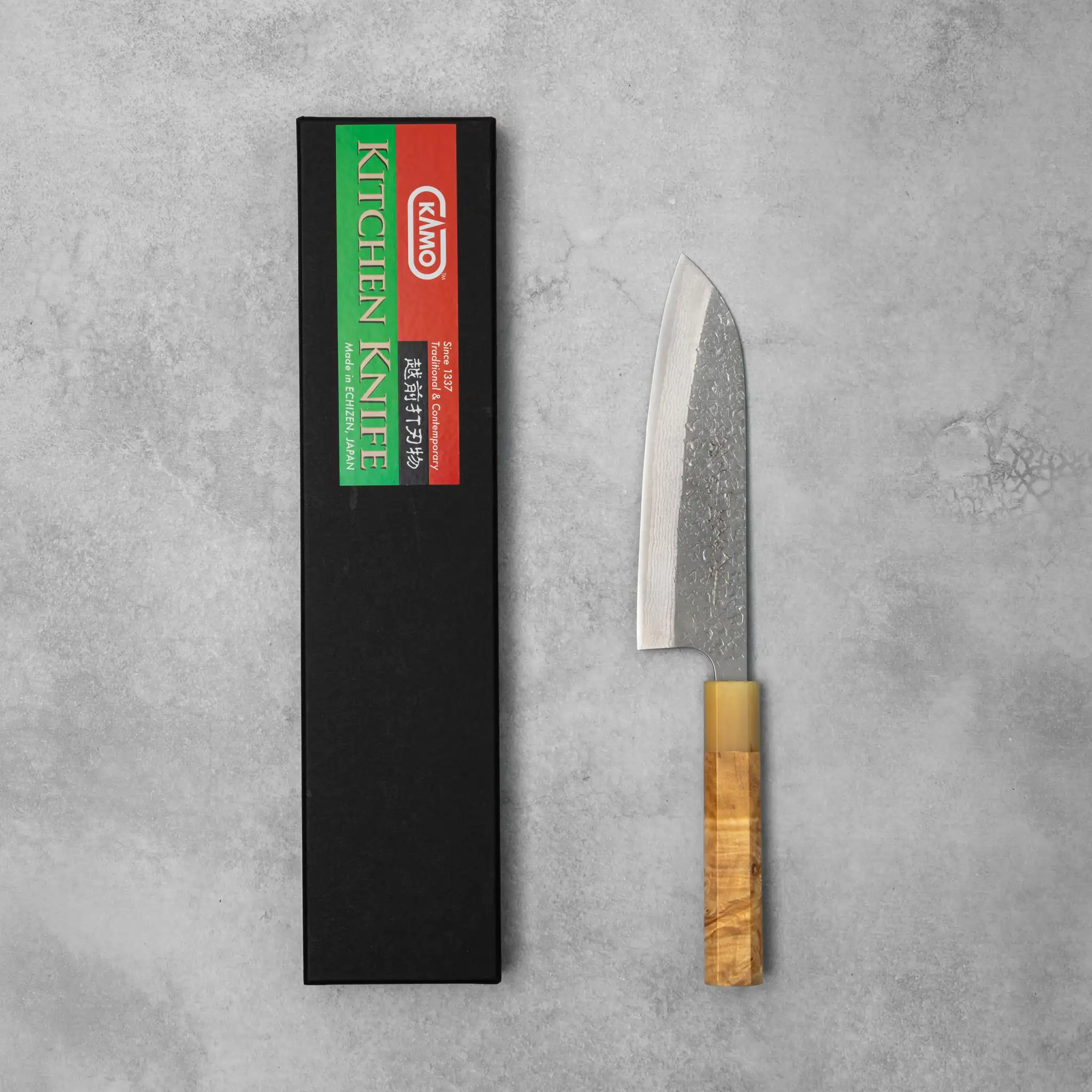 Kamo Hamono VG10 Tsuchime Damascus Juhyo Santoku Knife - Image 6