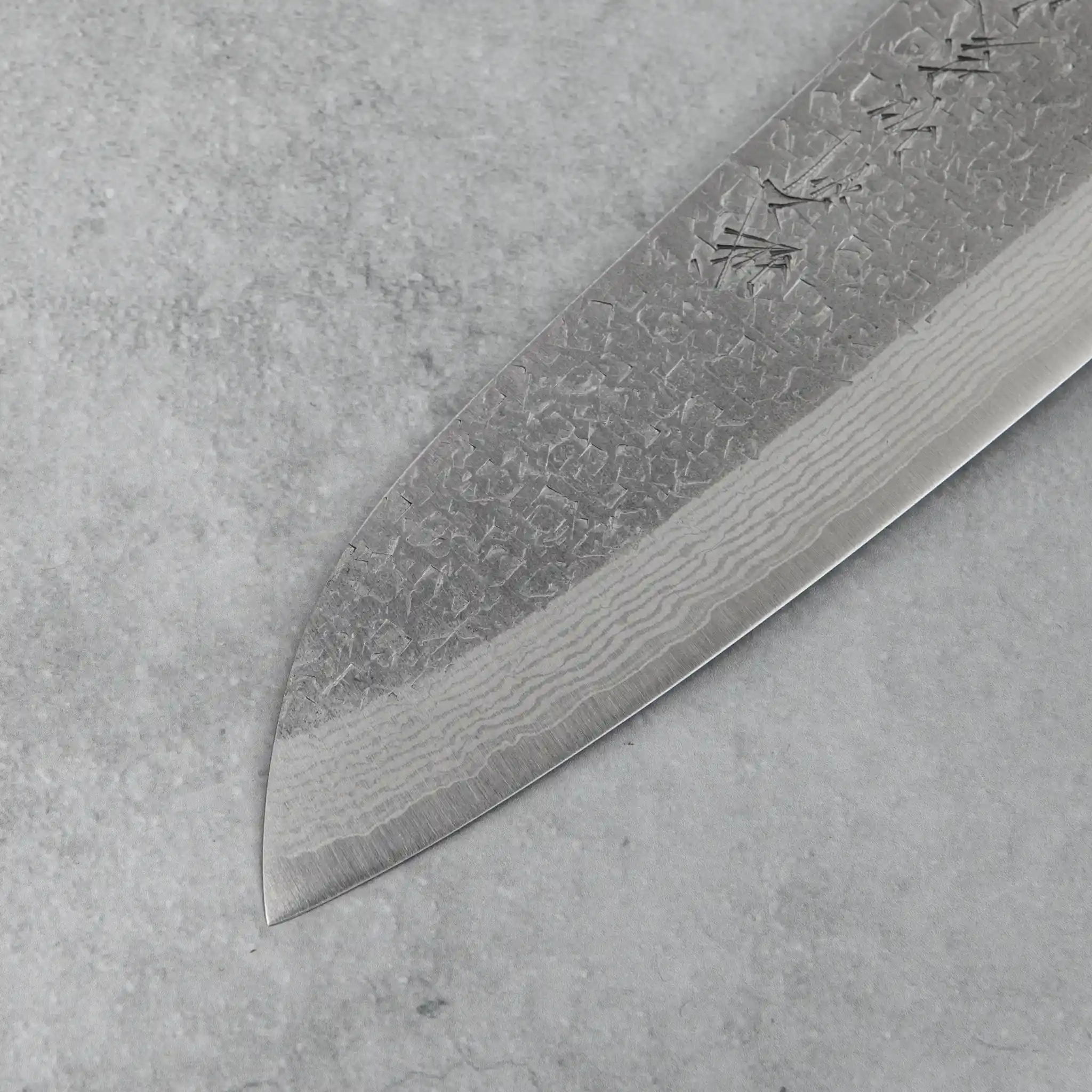 Kamo Hamono VG10 Tsuchime Damascus Juhyo Santoku Knife Purple Handle - Image 4