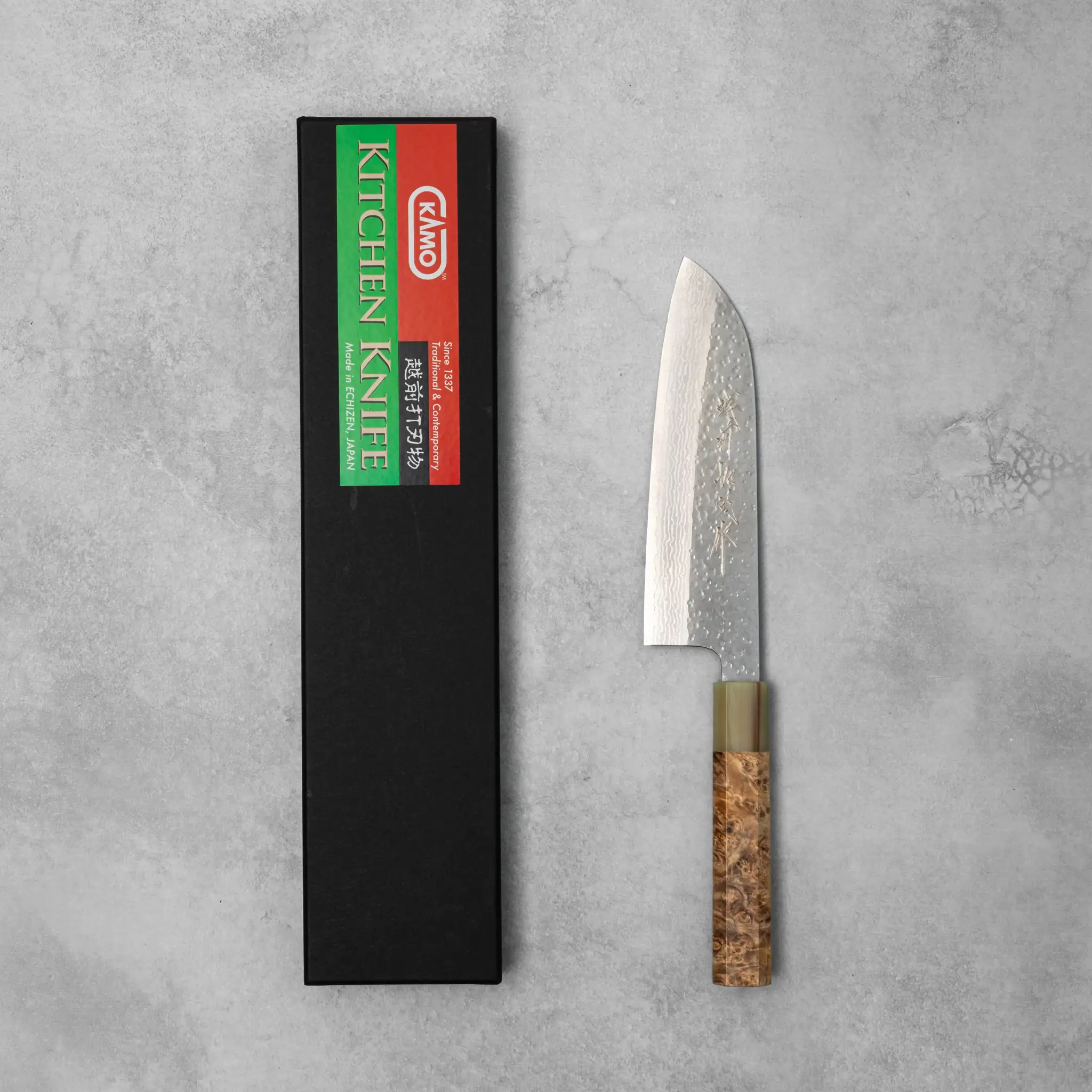 Kamo Hamono VG10 Tsuchime Damascus Shizuku Santoku Knife - Image 6