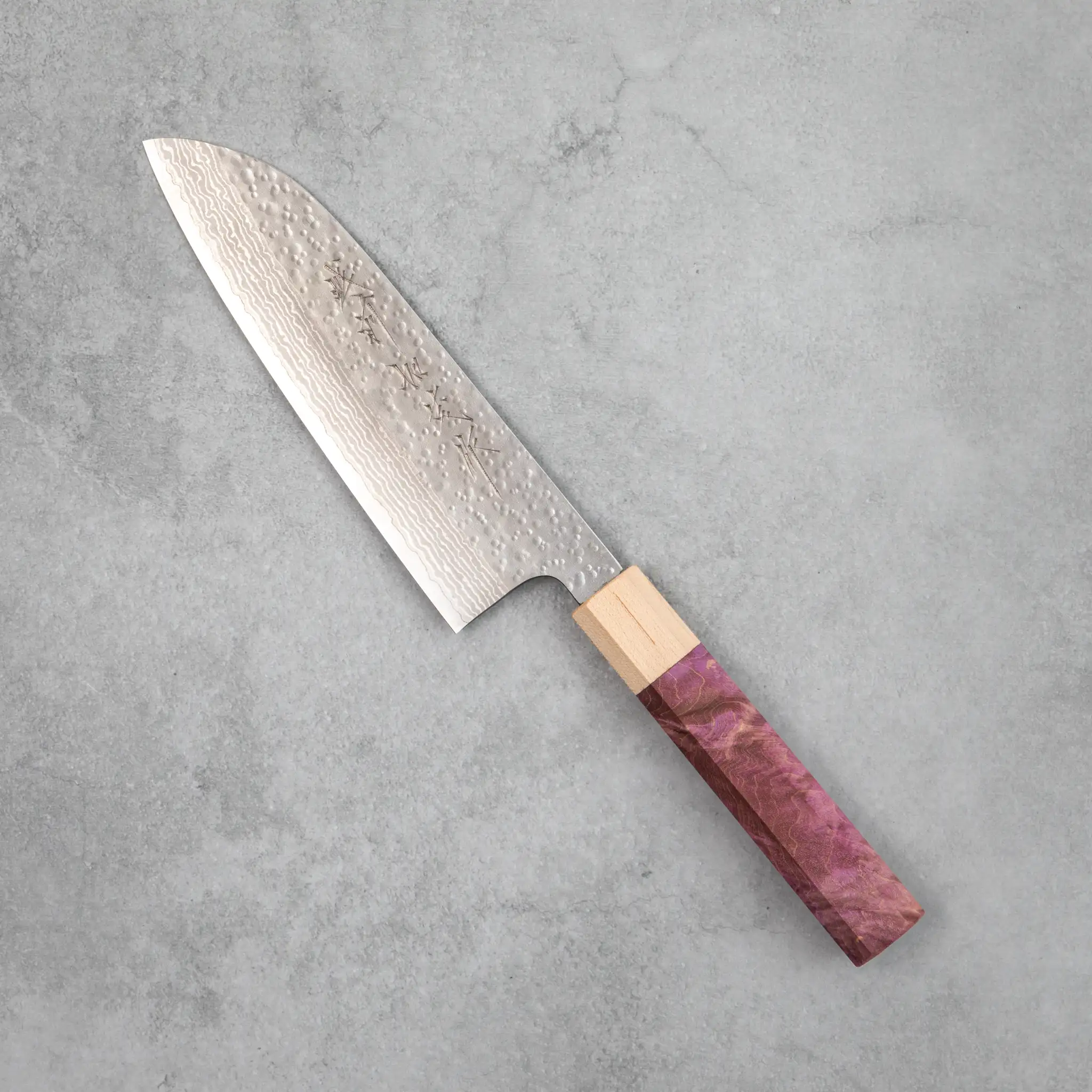 Kamo Hamono VG10 Tsuchime Damascus Shizuku Santoku Knife Purple Handle