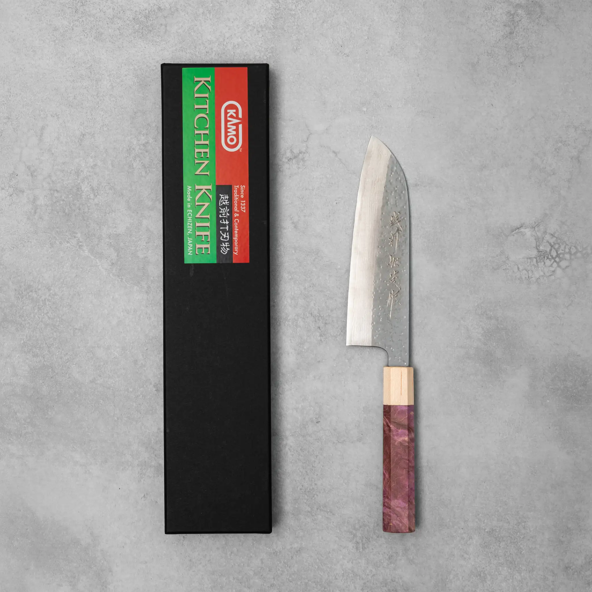 Kamo Hamono VG10 Tsuchime Damascus Shizuku Santoku Knife Purple Handle - Image 6